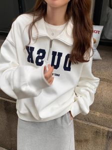 American Retro Polo Collar Zipper Sweatshirt Female Fall and Winter Fleece-lined Thick Loose Slim Looking Oversize Jacket