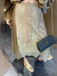 Retro European Style High Waist Midi Lace Patchwork Skirt Womens Fashion Miniature A-Line Skirt Korean Style Commute