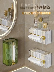 กล่องกระดาษเช็ดหน้าติดผนังหรูหราแบบแขวน กล่องเก็บผ้าเช็ดหน้าสำหรับห้องน้ำและครัว ไม่ต้องเจาะรู กล่องใส่กระดาษเช็ดหน้าแบบล้วงได้