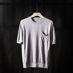 Casual Knitted Short Sleeve T-Shirt 85 Linen Blend Comfortable Breathable Fashion Urban Style round Neck Pocket Detail Summer Top