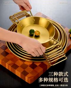 Chảo Inox Vàng Size ( 20-22-24cm ) Kèm Đế Gỗ Tay Cầm Dài Làm Bò Né Ốp La Hàng Đẹp Bóng