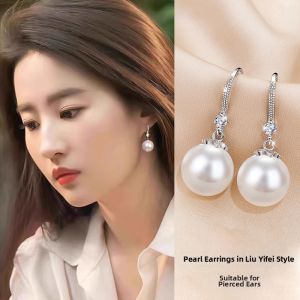 Elegant Long Pearl and Zircon Silver 925 Earrings