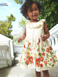 Little Maven Girls Cotton Summer Dress Short Sleeve Pleated Collar Princess Skirt Soft Washed Fabric European Style Childrens Clothing