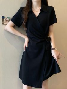 Plus Size Korean Style Asymmetrical Shoulder Shoelace Belly Covering T-shirt Skirt Fat Sister Summer Easiest for Match Slimming Youthful-Looking Dress