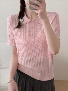 เสื้อยืดคอโปโลแขนสั้นผ้าถักทรงสลิมฟิตสำหรับผู้หญิงในช่วงฤดูร้อนและฤดูใบไม้ผลิ เสื้อเชิ้ตทรงเข้ารูปแบบบางๆ พร้อมแถบลูกไม้