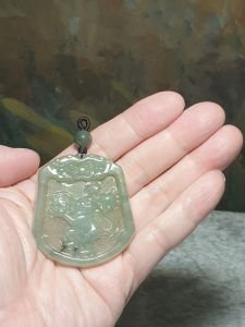 Gegegems Collection Type A Jadeite icy light green Monkey and Pi Xiu pendant (with certificate) 翡翠淡绿冰种貔貅牌头猴子吊坠(带证书)