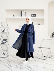 Baju Jaket Muslimah Perempuan Cakep Tali Penutup Bahan Denim Cantik Denim Coat Light Denim