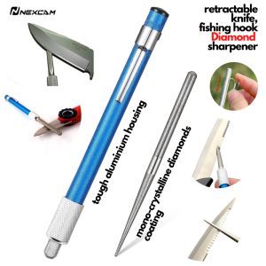 FUNLIN Pengasah Mata Kail pancing & Pisau or Retractable Diamond Knife Fishing Hooks Sharpener for Serrated Straight Blades Hooks & Tools