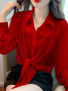 Áo Sơ Mi Voan Dài Tay Rộng Rãi Mùa Hè Thường Ngày Màu Trơn Cổ Polo Chống Nắng Kiểu Pháp Ngọt Ngào Thắt Lưng Mỏng Cho Nữ