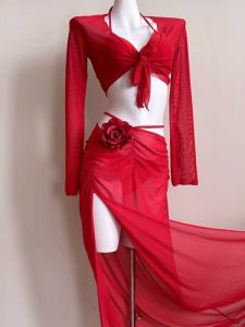 ใหม่ เซ็กซี่ สีขาว Enhancing ชุดบิกินี ชุดสี่ชิ้นแขนยาว Holiday Hot ฤดูใบไม้ผลิ ว่ายน้ํา ชุดสูท ชุดว่ายน้ําแบรนด์ Sea สีแดง