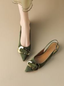 French Vintage Flat Bottom Shoes Womens Spring Summer Pointed Toe Leather Slip-On Sandals Low Heel Casual Style Rubber Sole