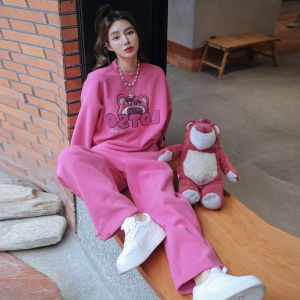 Pink Strawberry Bear Sweatshirt Set Womens Loose Comfortable Sportswear Two-Piece Suite Spring Autumn Fashion Slimming