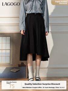Lagogo High Waist Black A-Line Midi Skirt Womens Pleated Skirt Spring New Design Simple Commute Style Polyester Fiber