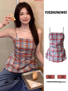 YUEZHONGWEI | Strapless Red Checkered Waist-Cinching Sleeveless Top