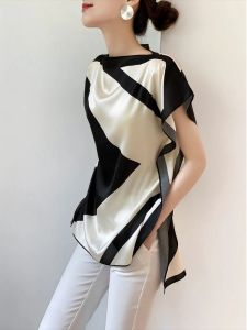Elegant Black White Contrast Color One-Shoulder Shirt Womens Summer 2025 New Design Simple Style Premium Quality Top
