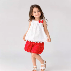 Baby Girls Cotton 2pcs Set Floral Embroidery Top & Red Polka Dot Pumpkin Shorts Cute Bow Kids Girl Summer Toddler Girls Clothes Outfit for 0-5 Years Old
