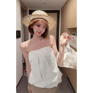 YUEZHONGWEI | French Butterfly Knot White Strapless Vest Women Summer Outdoor Design Loose Slim Sleeveless Flower Bud Top