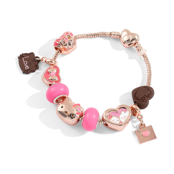 Kawaii Sanrio Vòng Tay Vòng Tay Hello Kitty KT Mèo Và Trái Tim Tình Yêu Hạt Dễ Thương DIY Lắc Tay Cho Nữ Cổ Điển Hợp Kim Kẽm Phụ Kiện Quà Tặng