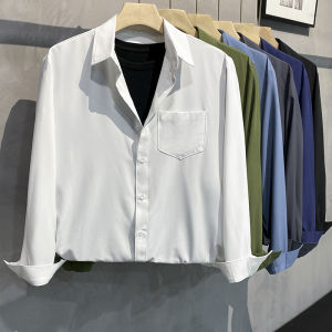 White Long Sleeve Mens Shirt Summer Thin Drapey Loose Casual Pure Color Iron Free Korean Style Loose Fit Youth Fashion
