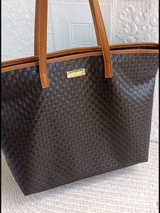 MANGO Weave Texture Enchanted Shoulder Tote Bag (Black Brown) *premium work women handbag top handle laptop