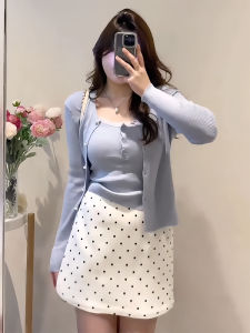 plus Size Blue Lace Trim Fashion Set Slimming MM Camisole Knit Cardigan Top Polka Dot Skirt Three Piece Set Long Sleeve V Neck