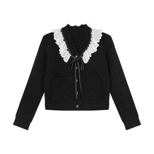 XXNING | Áo Cardigan Len V-Neck Viền Ren Pháp Nữ