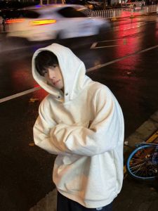 American Retro Heavyweight Basic Single Button Hoodie Loose Patchwork 420g Heavyweight Hooded Sweatshirt Simple Versatile Style