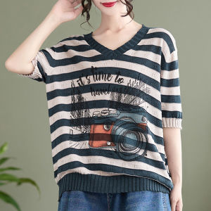 Shalldoer | Striped Cotton Loose Design V-Neck Womens T-Shirt