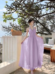 French Elegant Yellow V-Neck Hanging Neck Dress Fairy Beach Vacation Super Fairy Long Skirt Summer High Waist A-Line Dress