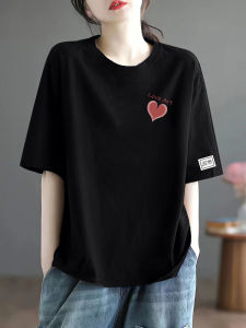 Summer New plus Size Womens Loose Cotton T-Shirt Short Sleeve Slimming Top Belly Covering Base Shirt Comfortable round Neck Print Tee