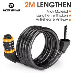 WEST BIKING 2M Lengthen Bike Password Lock Anti Theft MTB Road Bicycle Cable Lock Electric Bike Motorcycle Cycling Accessories