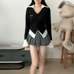 เสื้อยืดคอโปโลทรงเข้ารูปสีบล็อกสำหรับผู้หญิงไซส์ใหญ่ เสื้อคาร์ดิแกนแขนยาวทรงเข้ารูปสไตล์เกาหลีสำหรับฤดูใบไม้ผลิ