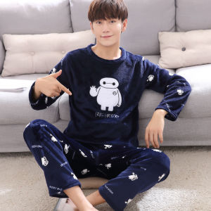 Mens Winter Thickened Fleece Pajamas Coral Velvet Warm Home Clothes Cartoon Print Long Sleeve round Neck Sleepwear Set