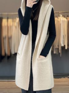 เสื้อกั๊กถักยาวคลุมไหล่ทรงหลวมสไตล์ลำลองสำหรับผู้หญิงไซส์ใหญ่ ทรงเข้ารูป ทรงหลวม เสื้อคลุมกันหนาวแบบมีฮู้ด