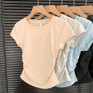 Summer 2025 Womens Slim Fit Cotton T-Shirt Short Sleeve High Waist Pleated Casual Top Fashionable Meat Concealing Shirt