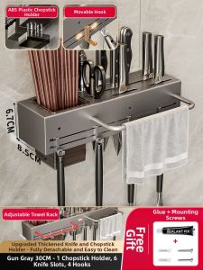 ROLONG | Multi-Function Stainless Steel Knife Rack with Built-in Chopstick Holder