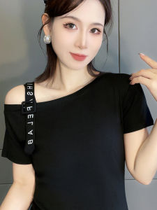 Unique Short Sleeve Womens T-Shirt 2025 New Style Casual Fit Letter Print Shoulder Baring Top Super Cute And Stylish 5693