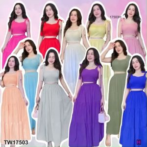 S17503 Set 2 ชิ้น เสื้อครอปสายผูกไหล่สีพื้น + กระโปรงยาวสีพื้น