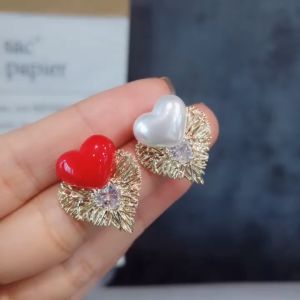 Bông tai bạc 925  tim đỏ thiết kế Hàn Quốc