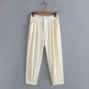 High Waist Pleated Loose plus Size Womens Pants Solid Color Slimming Nine Pointed Cargo Pockets OL Style Spring Commute