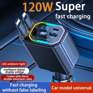 Yashinuo Car Charger 120W Super Fast Charging Cable One Drag Three Suitable For iPhone Huawei Car Conversion Plug