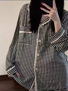 Lace Plaid Sleepwear Womens Spring Autumn Long Sleeved Pijama Set Ins Korean Home Clothing New Large Size Can Be Worn Outside