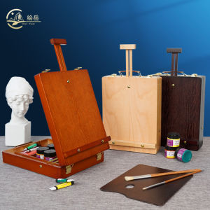 Portable Handheld Oil Painting Box Storage Case Real Wood Elm Drawing Frame Painting Tool Kit Desktop Style with Storage