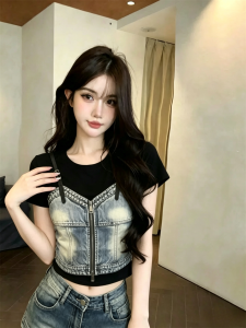 GUZILIAN | Áo Thun Mùa Hè Thời Trang Cổ Đơn Phối Đắp Jean Giả Lớp Ôm Slim Fit