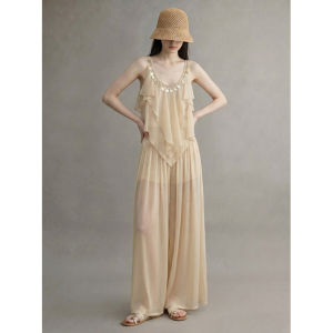GULILI | Resort Style Ruffled Glitter Tassel Strap Wide Leg Pants Suit