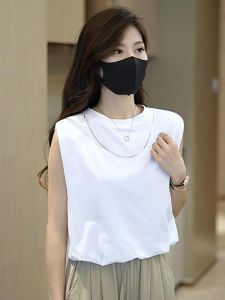 เสื้อยืดแขนกุดสีขาวสำหรับผู้หญิงในช่วงฤดูร้อน เสื้อกั๊กสั้น ดีไซน์เก๋ไก๋ ทรงหลวม สไตล์ทำงาน ผ้าฝ้ายผสมโพลีเอสเตอร์