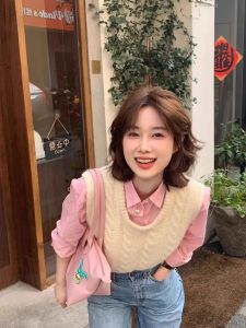 Korean Drama Women Wear Suit Womens Spring and Autumn Japanese Style Cable Stitch Knitted Vest Bandage Dress Pink Shirt Two-piece Set