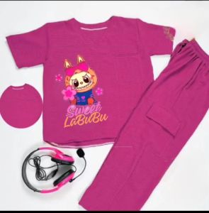 setelan celana lengan pendek gambar labubu sweet untuk anak perempuan usia 3-12 tahun bahan cringkel airflow