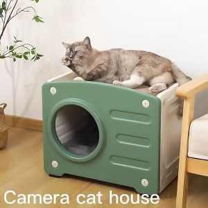 Cat Cave Plastic Cat Bed House/Bedside Table Waterproof Cat Bed with Non-Slip Base Portable Small Dog House Use as Side Table/Stool/Bedside Table