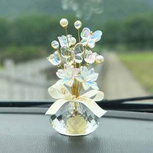 Glass Flower Figurine Ornament Bling Rhinestones Flower Dashboard Decoration Hiasan Kereta